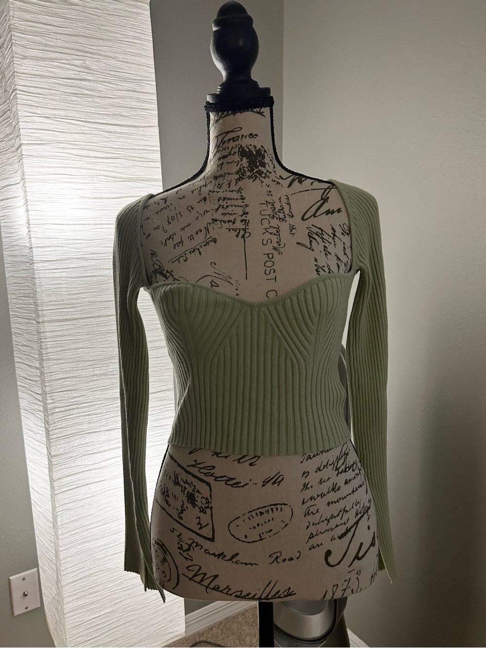 Urban Outfitters Light Green Ribbed Long Sleeve Bustier Top